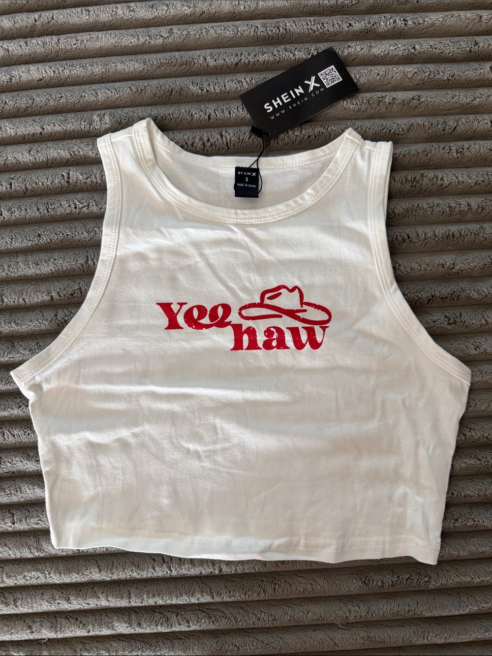 SHEIN White Crop Tank Top with Red "Yee Haw" Graphic